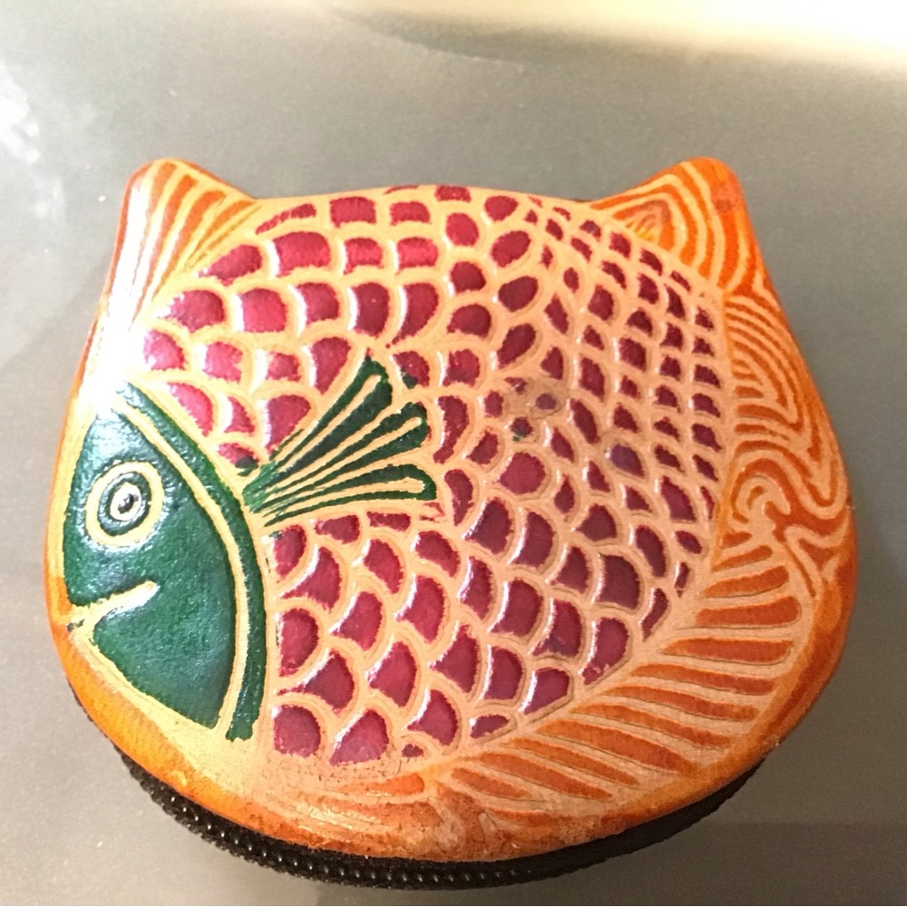 Red Green Fish Design Hand Tooled Coin Purse